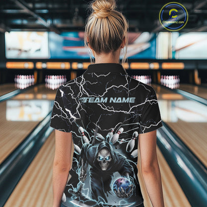Custom Black And Blue Lightning Grim Reaper Bowling Women Polo Shirt, Halloween Outfit IPHW9801