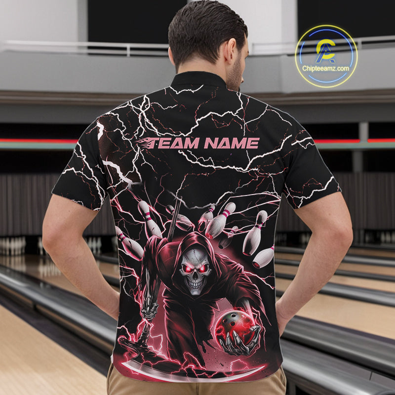 Custom Black And Red Lightning Grim Reaper Bowling Men Quarter-Zip Shirt, Halloween Outfit IPHW9802