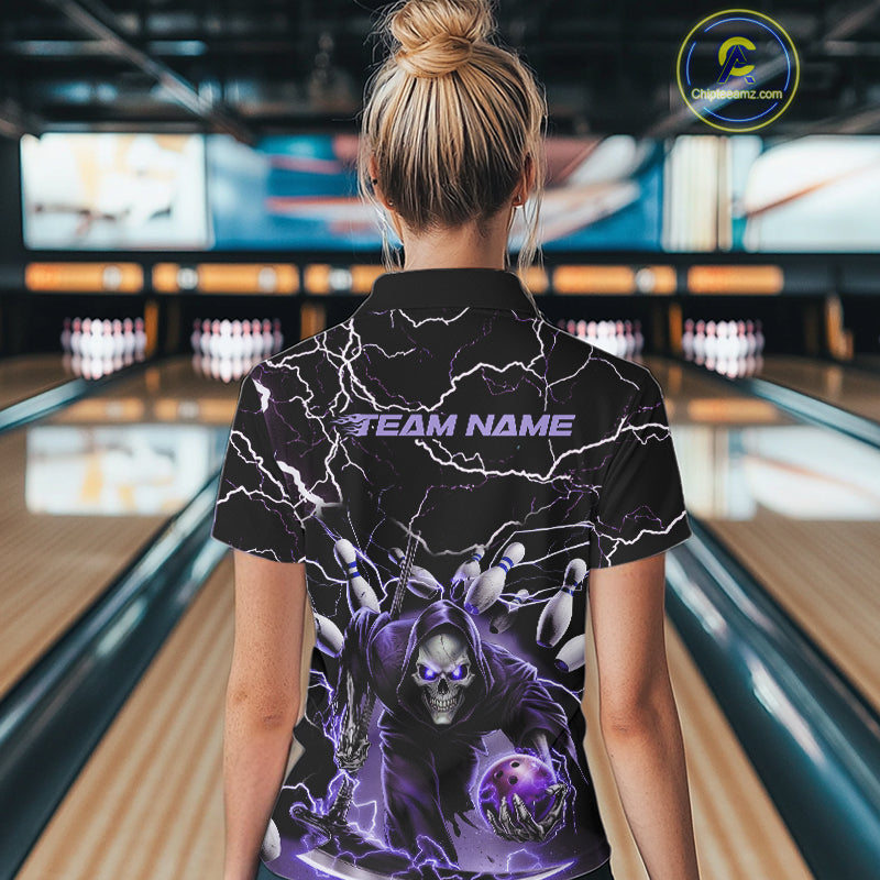 Custom Black And Purple Lightning Grim Reaper Bowling Women Polo Shirt, Halloween Outfit IPHW9803