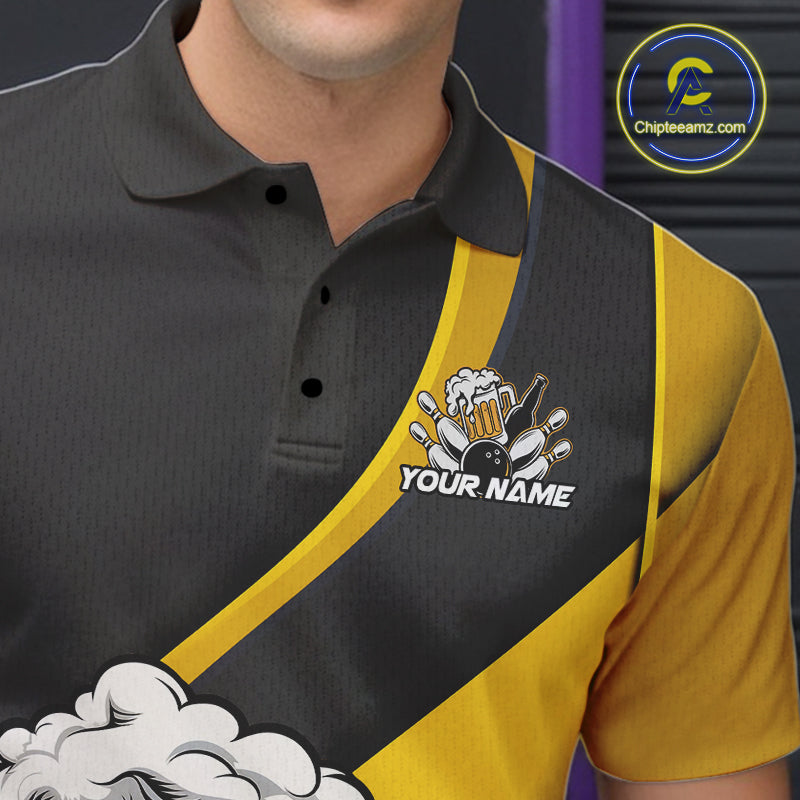 Custom Grunge Yellow Funny Bowling And Beer Polo Shirts For Men, Bowling Team Uniform IPHW9608