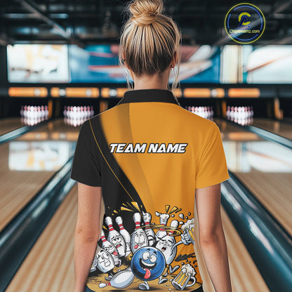 Custom Yellow Funny Bowling Women Polo Shirts, Bowling And Beer Party Bowlers Outfit IPHW9610