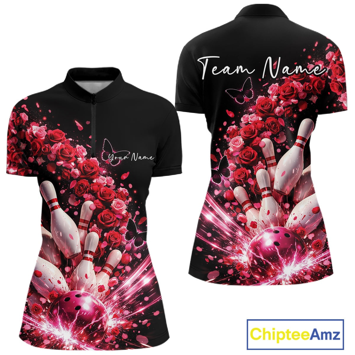 Custom Red Roses And Butterfly Women Bowling Shirt, Flower Ladies Bowling League Shirt IPHW10884
