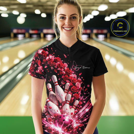 Custom Red Roses And Butterfly Women Bowling Shirt, Flower Ladies Bowling League Shirt IPHW10884