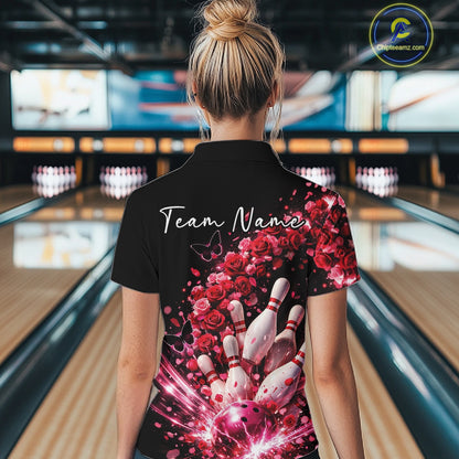 Custom Red Roses And Butterfly Women Bowling Shirt, Flower Ladies Bowling League Shirt IPHW10884