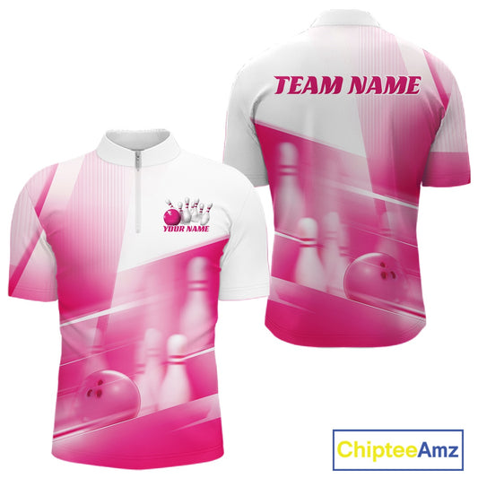 Front and back white and pink men’s bowling quarter zip shirt mockup with bowling ball and pins blended into a pink geometric background.