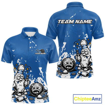 Front and back view of a men’s polo shirt mockup in blue and white, featuring splatter-style drunk bowling pin holding beer bottle and bowling ball.