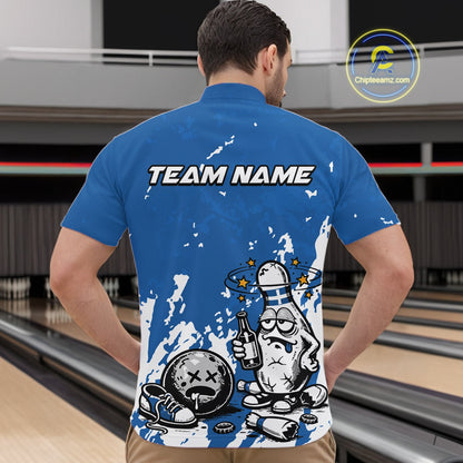 Male model at a bowling lane wearing a blue and white quarter-zip shirt, playful drunk bowling pin artwork with beer bottle and bowling ball design.