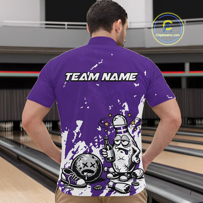 Male model at a bowling lane wearing a purple and white quarter-zip shirt, playful splatter drunk bowling pin artwork with beer and bowling ball.