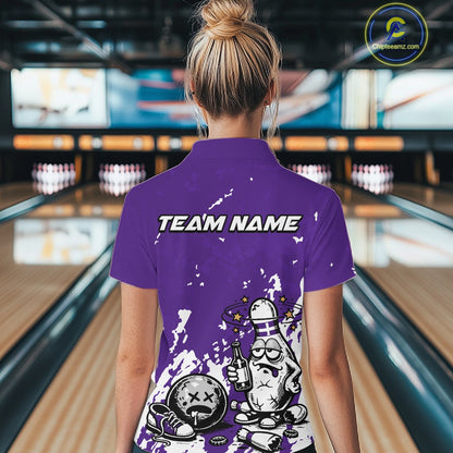 Back view female model wearing purple and white quarter zip bowling shirt in bowling lane, humorous bowling pin holding beer bottle graphic