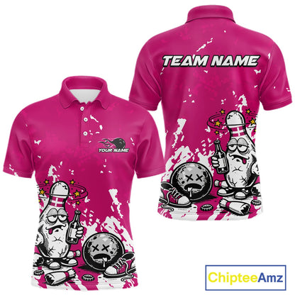 Front and back view of a men’s polo shirt mockup in pink and white, featuring splatter-style drunk bowling pin holding beer bottle and bowling ball.