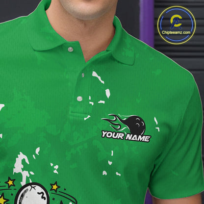 Close-up view of left chest area of a green and white polo shirt, showing small detailed drunk bowling pin graphic with beer bottle and bowling ball.