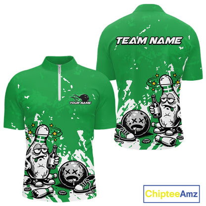 Front and back view of a men’s quarter-zip bowling shirt mockup in green and white, featuring splatter-style drunk bowling pin with beer and ball design.