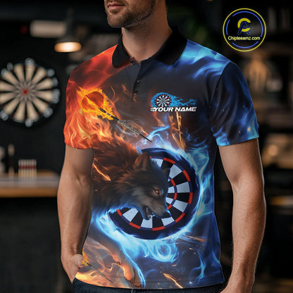 Custom Orange And Blue Smoke Flame Wolf Dart Team Men Polo Shirts, Fire Dart Jerseys IPHW10003