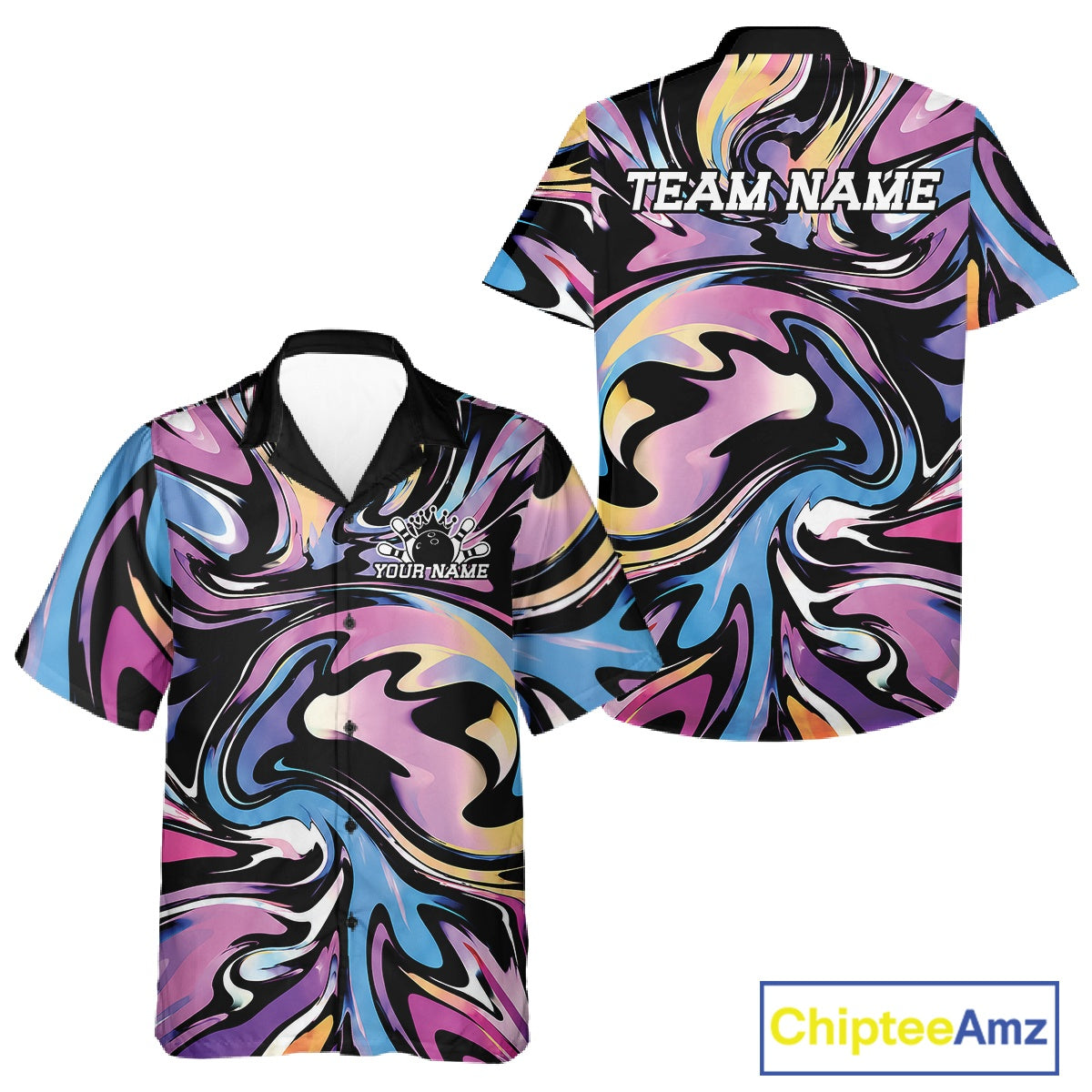 Colorful marbled design sports jersey with 'Team Name' text on a white background, featuring Chiptee Amz branding.