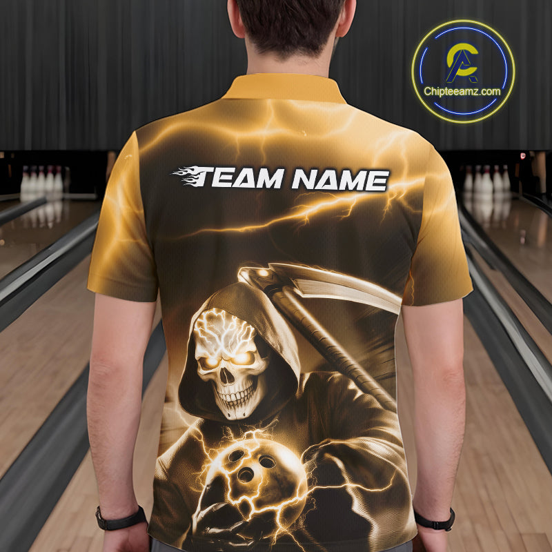 Custom Yellow Lightning Grim Reaper Bowling Polo Shirts For Men, Halloween Bowling Jerseys IPHW9846