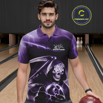 Custom Purple Lightning Grim Reaper Bowling Polo Shirts For Men, Halloween Bowling Jerseys IPHW9847