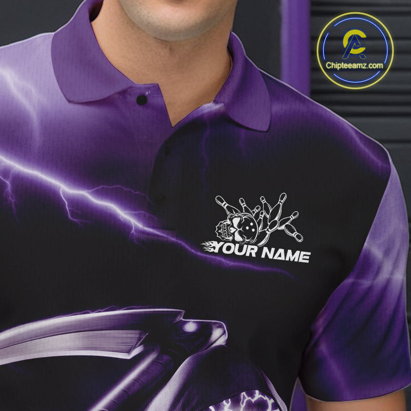 Custom Purple Lightning Grim Reaper Bowling Polo Shirts For Men, Halloween Bowling Jerseys IPHW9847