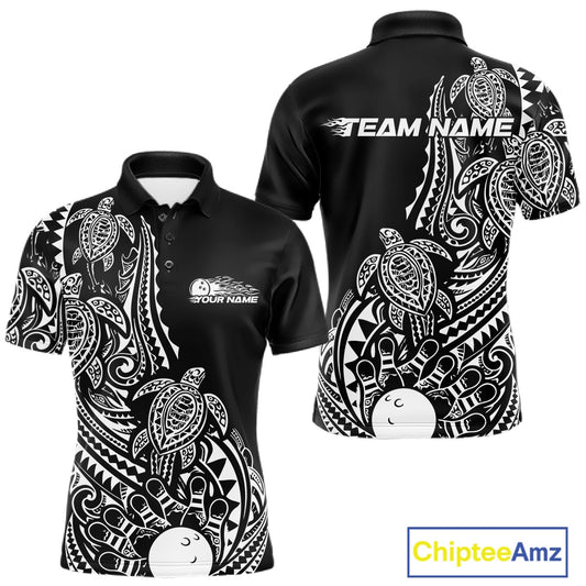 Front and back views of a black and white mens bowling polo shirt showcasing bowling pins and a ball accented by tribal swirls and Polynesian motifs.