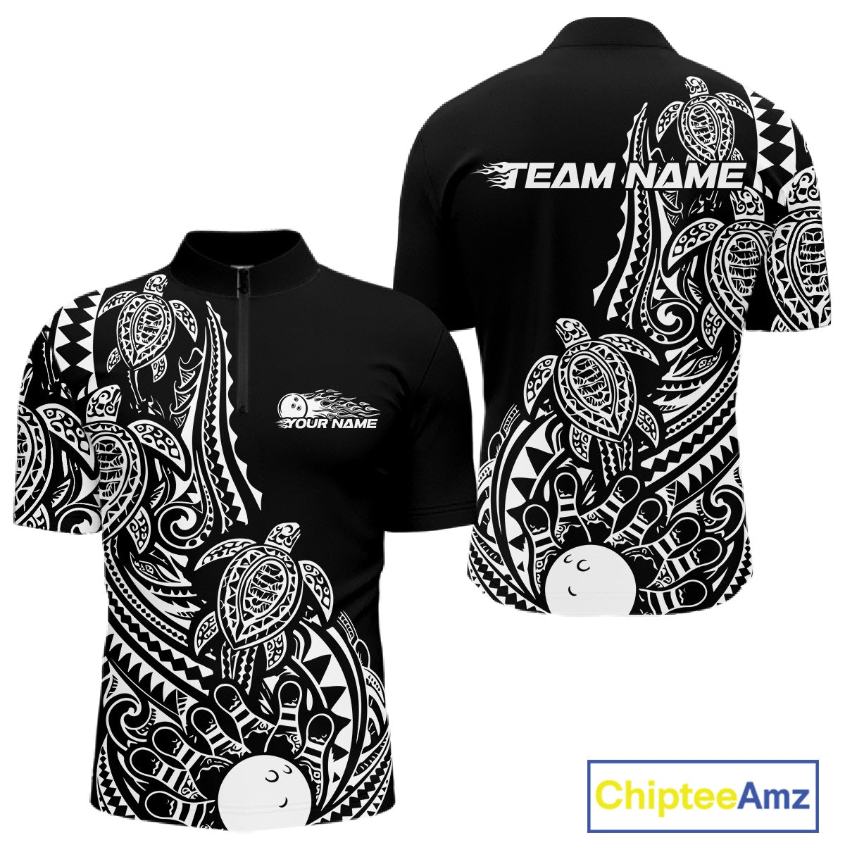 Front and back views of a black and white mens bowling quarter-zip shirt featuring bowling artwork accented by tribal swirls and turtle patterns.