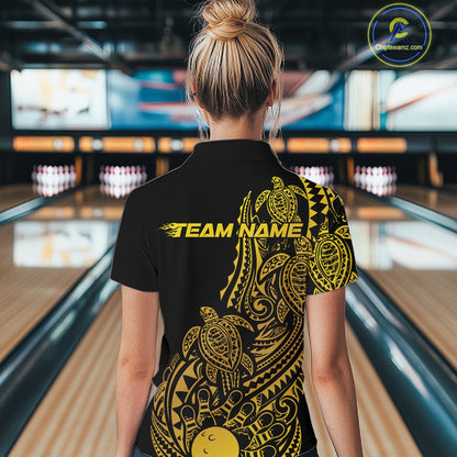 Back view of a female model in a black and gold bowling polo shirt displaying tribal bowling artwork and turtle pattern accents.
