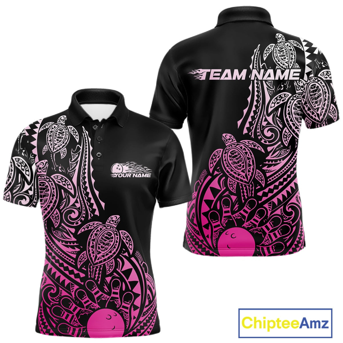 Front and back views of a black and pink mens bowling polo shirt showcasing bowling pins and a ball surrounded by tribal swirls and turtle patterns.