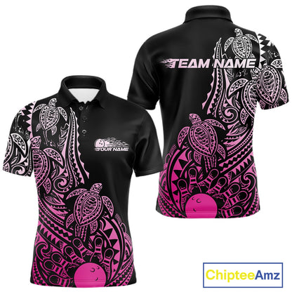 Front and back views of a black and pink mens bowling polo shirt showcasing bowling pins and a ball surrounded by tribal swirls and turtle patterns.