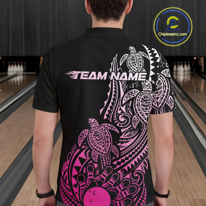 Back view of a male model in a black and pink bowling polo shirt displaying turtle Polynesian bowling graphics.