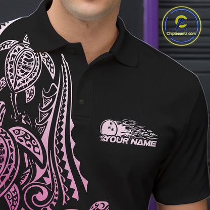 Close-up of the left chest on a black and pink bowling polo shirt featuring tribal swirl bowling motifs.
