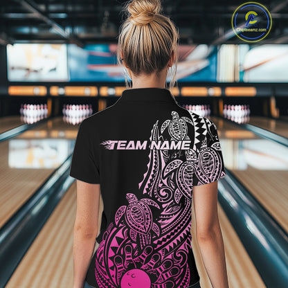 Back view of a female model in a black and pink bowling polo shirt displaying turtle-inspired bowling graphics and tribal swirls.