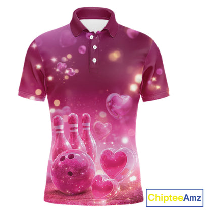 Custom Pink Valentine Bowling Couple Shirts, Pink Heart Theme Bowling Jerseys With His Name And Her Name IPHW10462