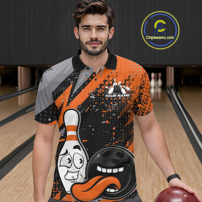Custom Funny Bowling Polo Shirt For Men, Orange Bowling Ball And Pin Bowling Jersey IPHW10258