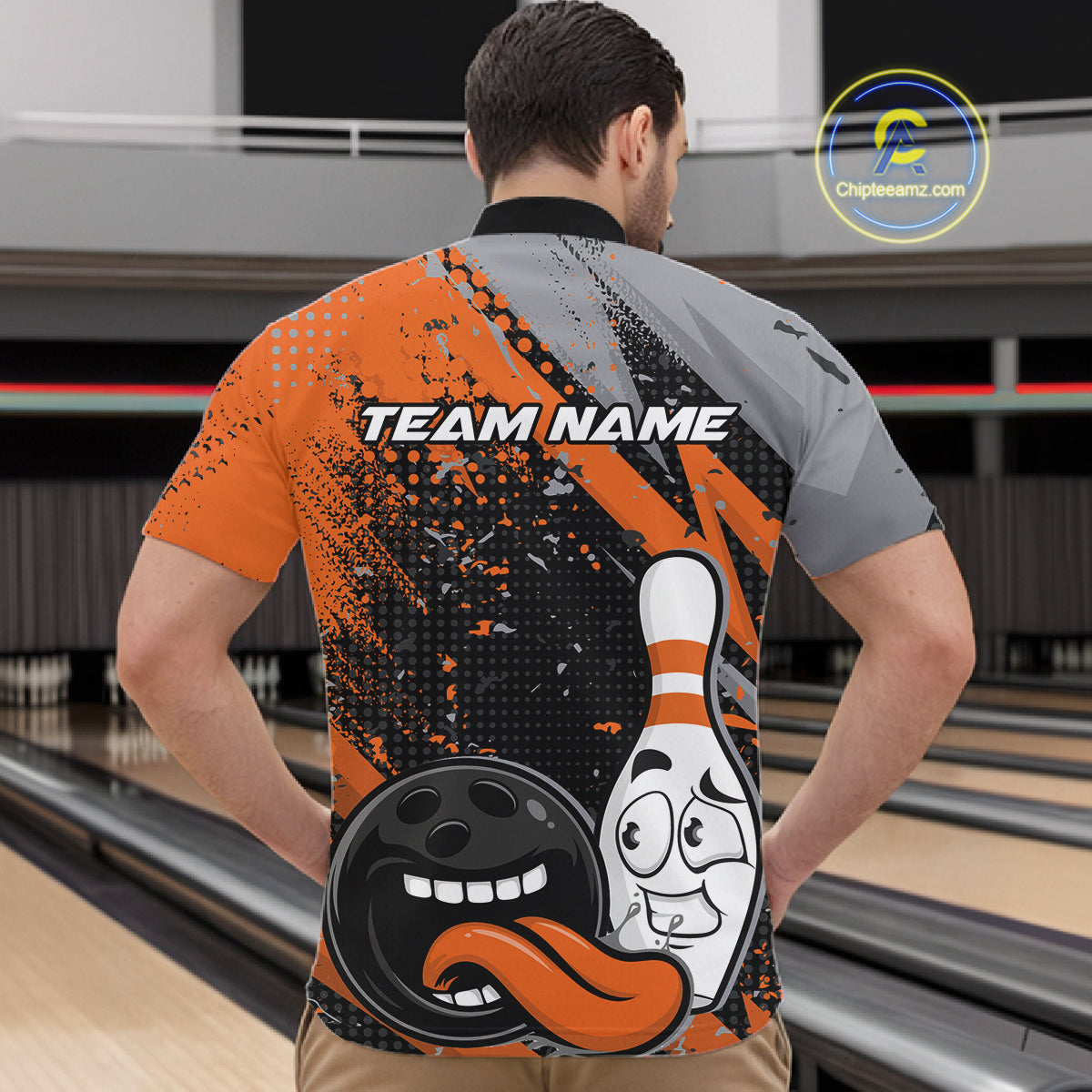 Custom Funny Bowling Quarter-Zip Shirt For Men, Orange Bowling Ball And Pin Bowling Jersey IPHW10258
