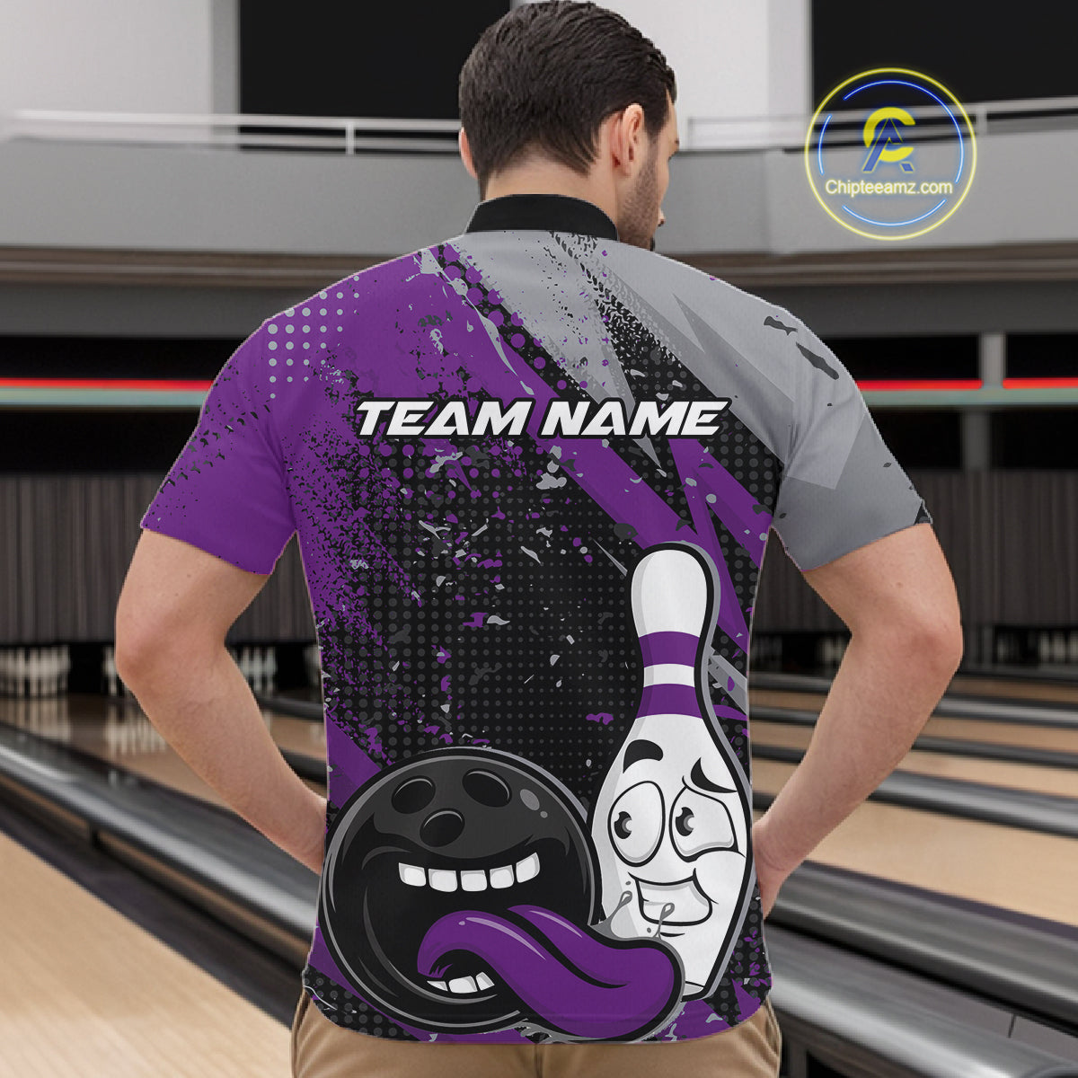 Custom Funny Bowling Quarter-Zip Shirt For Men, Purple Bowling Ball And Pin Bowling Jersey IPHW10259