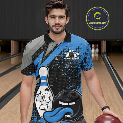 Custom Funny Bowling Polo Shirt For Men, Blue Bowling Ball And Pin Bowling Jersey IPHW10260