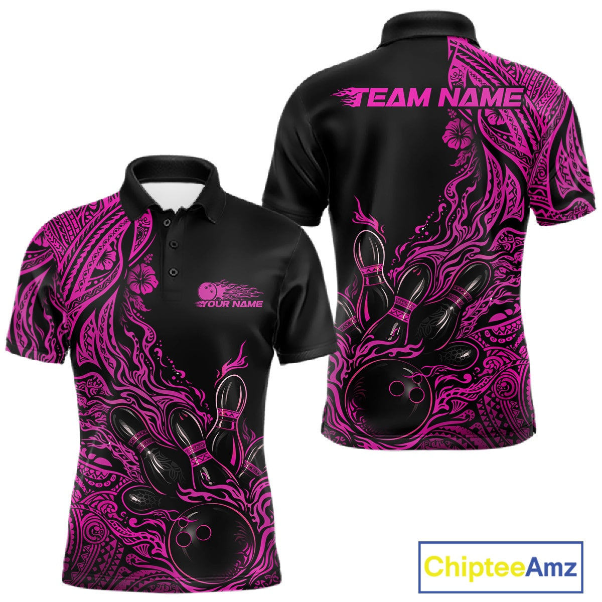 Custom Black And Pink Tribal Pattern Flame Bowling Team Shirts, Polynesian Bowling Ball Bowling League Shirt IPHW10494