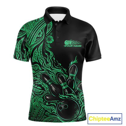 Custom Black And Green Tribal Pattern Flame Bowling Team Shirts, Polynesian Bowling Ball Bowling League Shirt IPHW10495
