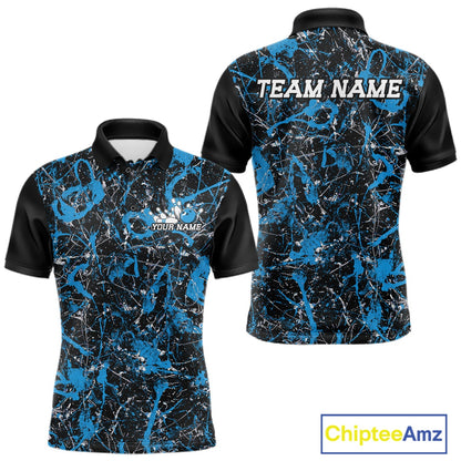 Front and back views of a black polo shirt with electric blue paint-splatter graphics, personalized with â€œYour Nameâ€ on the chest and â€œTeam Nameâ€ across the back.
