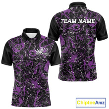 Load image into Gallery viewer, Front and back views of a black polo shirt with purple paint-splatter graphics, personalized with “Your Name” on the chest and “Team Name” across the back.

