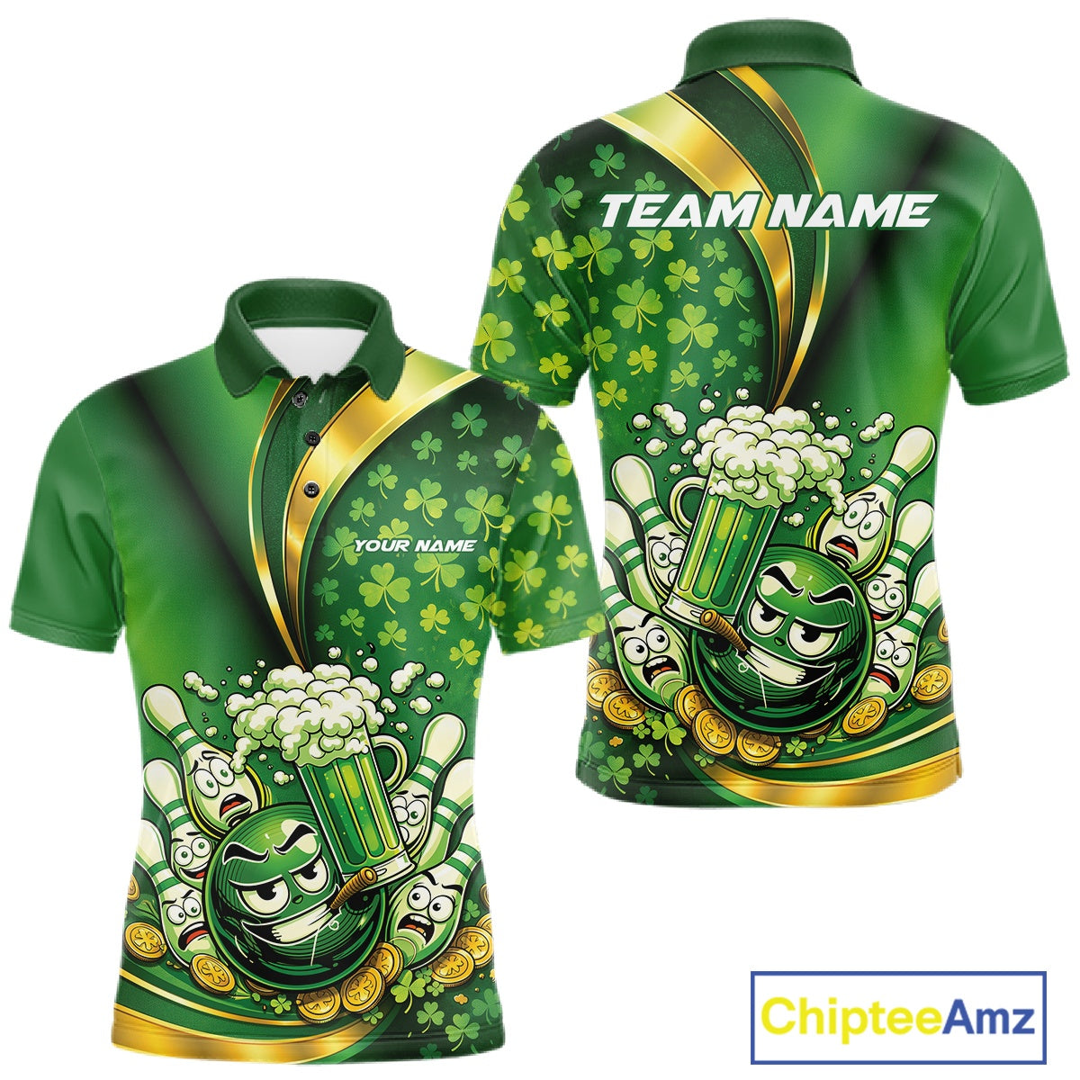 Custom Funny St Patricks Party Beer Bowling Team Shirts, Green Shamrock And Gold Coin Bowling Jerseys IPHW10523