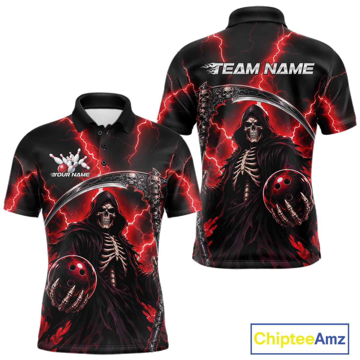 Black short-sleeve polo shirt with a Grim Reaper bowling graphic, shown in front and back views. Features red lightning, a large scythe, a bowling ball with red bowling pins, customizable text on the chest, and 'TEAM NAME' on the back.