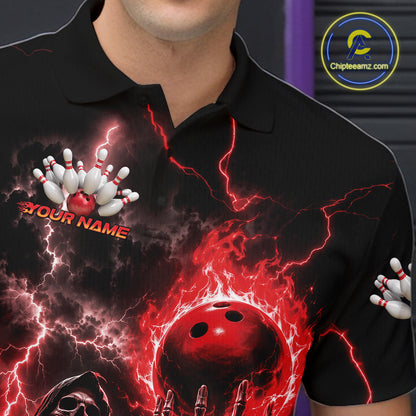 A close-up of a person wearing a black short-sleeve polo shirt with a bold red and black bowling-themed graphic print featuring lightning, bowling pins, a red bowling ball, and the text 'YOUR NAME'.