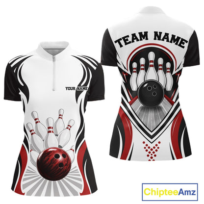 Front and back views of a women's bowling quarter-zip shirt mockup showcasing bowling ball and pins graphics in white, black, and red.