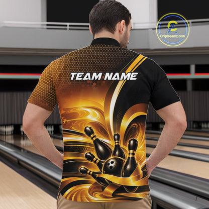 Front view of a male model at a bowling lane wearing a bowling quarter-zip shirt with glossy gold and black bowling ball and pins artwork.