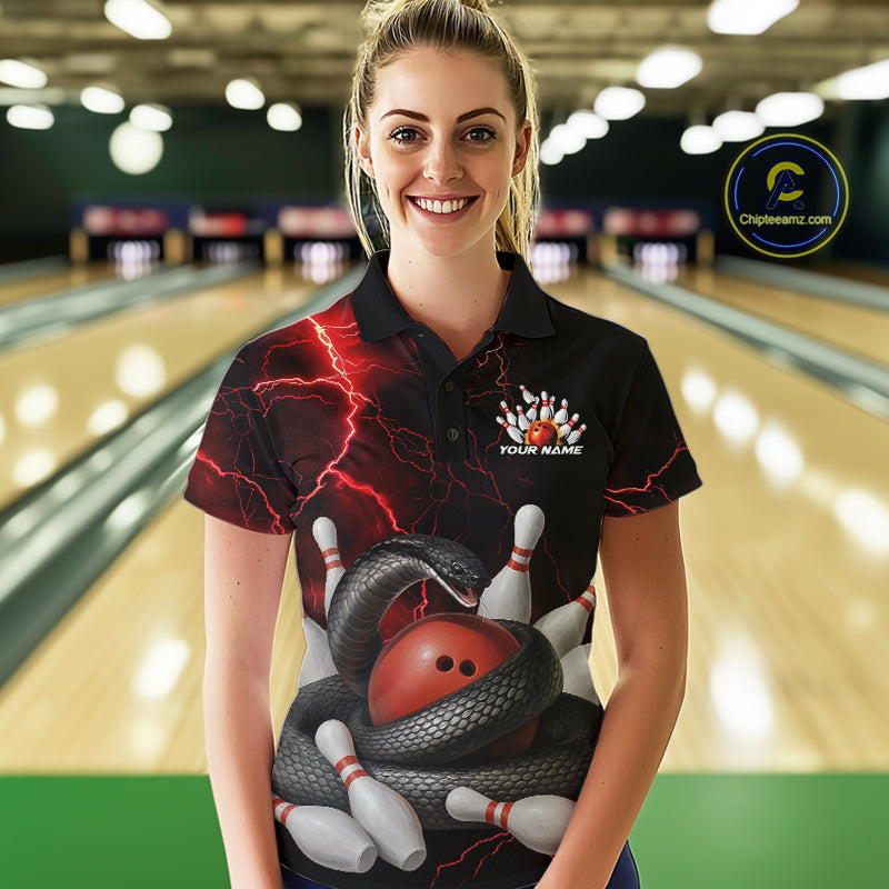 Custom Black And Red Thunder Lightning Black Mamba Snake Bowling Team Women Polo Shirt IPHW10152