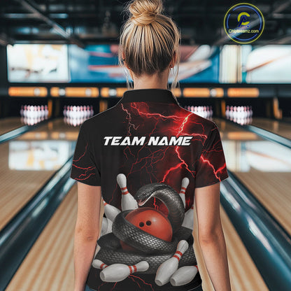 Custom Black And Red Thunder Lightning Black Mamba Snake Bowling Team Women Polo Shirt IPHW10152