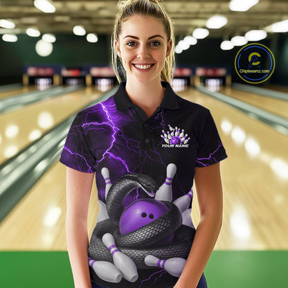 Custom Black And Purple Thunder Lightning Black Mamba Snake Bowling Team Women Shirt IPHW10153