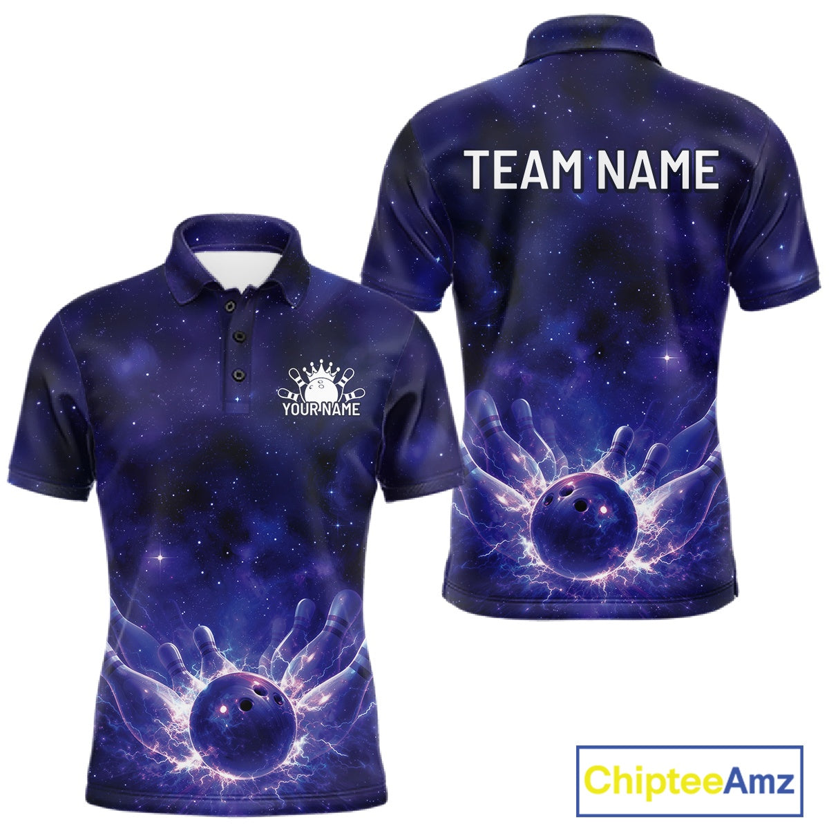 Custom Purple And Blue Galaxy Bowling Team Shirts For Men, Sparkling Sky Bowling Jerseys IPHW10529