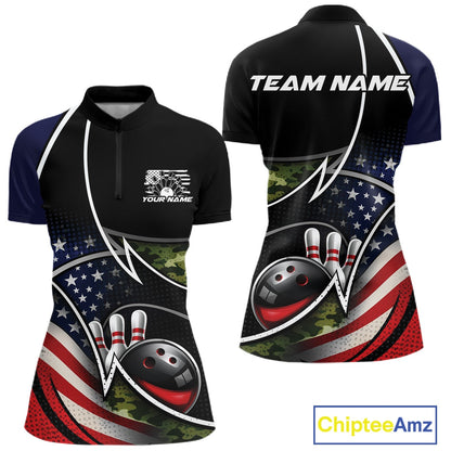 Custom Patriotic US Flag Bowling Team Shirts, Freedom Military Camo Women Bowling Jersey IPHW10531