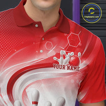 Load image into Gallery viewer, Close-up of the left chest area on a white and red bowling polo shirt with flowing wave accents and bowling pin artwork