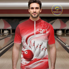 Load image into Gallery viewer, Front view of a male model wearing a white and red bowling quarter-zip shirt with dynamic wave motifs and bowling action artwork